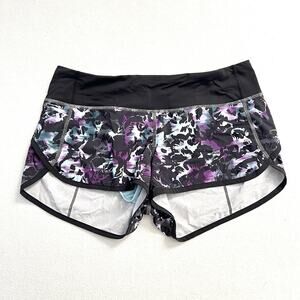 Lululemon Women Biggie Fleur Sombre Caspian Blue Black Print Run Speed Shorts 6